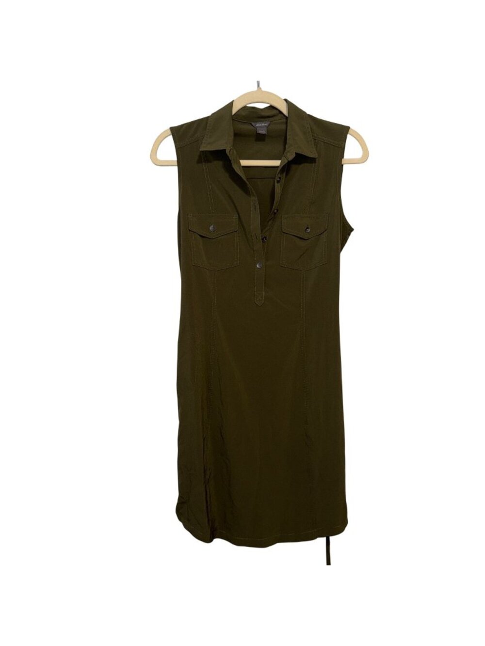 Eddie Bauer Sleeveless Olive Green Shirt Dress With Button Front & Pockets S